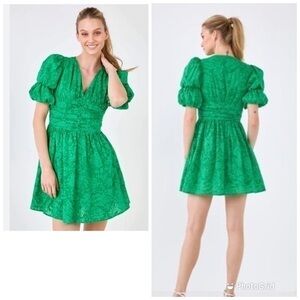▶️ Endless Rose ◀️ Ruched Puff Sleeve Green Dress  Size Large
